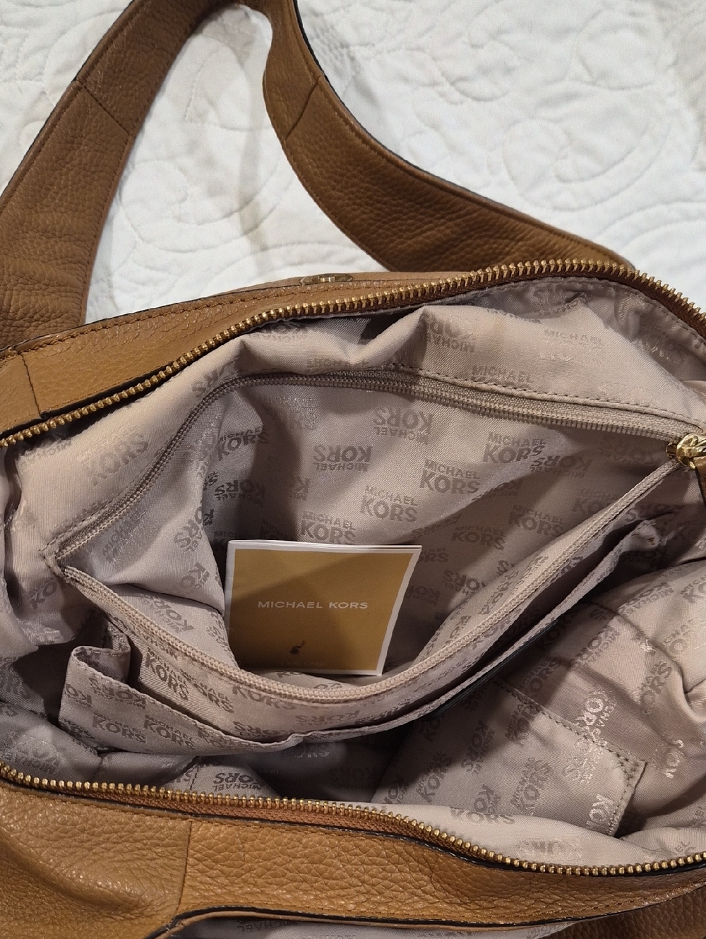 Michael Kors Tan Leather Hobo Bag with Gold MK Accent - Picture 7 of 13